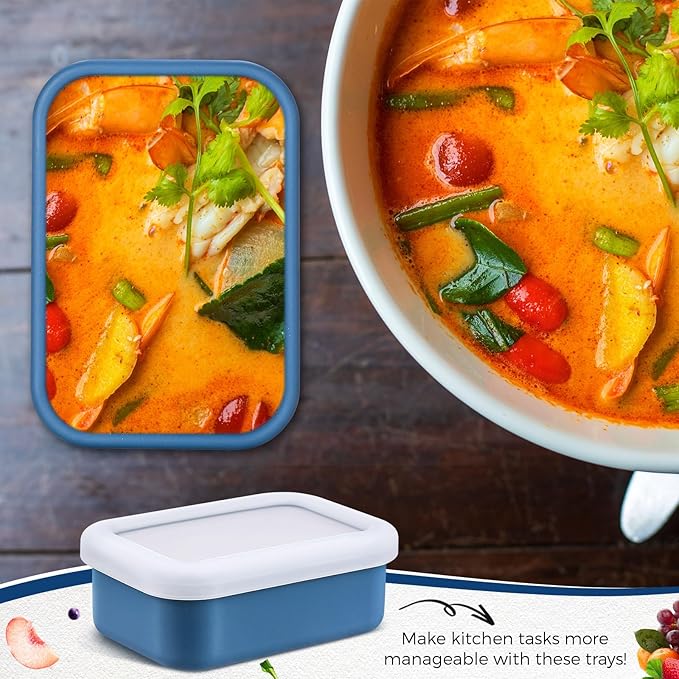 Nuogo 8 Pcs 1 Cup Silicone Freezer Trays with Lid Silicone Soup Molds Rectangle Soup Freezer Containers Reusable Food Preserving Tray Ice Trays for Soups Sauces Stews(Dark Blue)