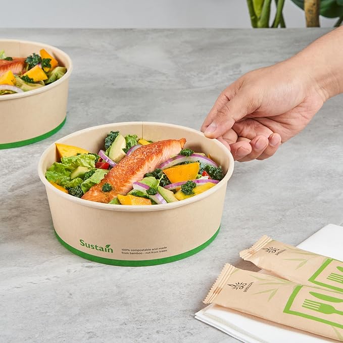 Restaurantware-Sustain 44 Ounce Sturdy Paper Take Out Boxes, 50 Round Take Out Food Containers - With PLA lining, Compostable, Bamboo Paper Containers, Disposable, Greaseproof