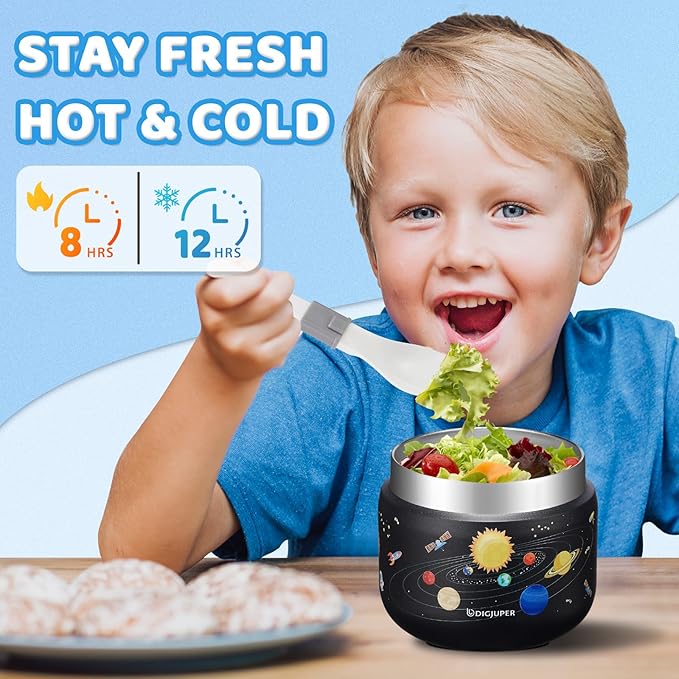 Kids Thermo for Hot Food Drink - with Lunch Cooler Bag & Foldable Spoon, Keep Cold-12h Hot-8h, Spill-proof 18/8 Stainless Steel Vacuum Soup Box Container for Toddler Boy, 9 OZ Food Jar for School