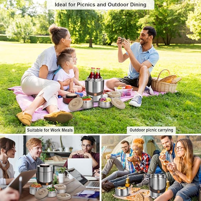 67 oz Adults Stainless Steel Vacuum Insulated Wide Mouth Soup Food Thermo Hot Food Jar with Keep Thermal Portable 3 Tier Stackable Bento Hot Food Containers Lunch Boxes (67 oz Silver)
