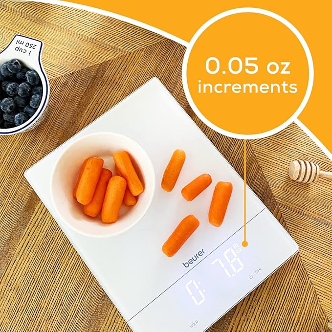 Beurer KS34 Digital Kitchen Scale - Precise Scale for Food Ounces and Grams, 33lbs Capacity, XL Weighing Platform for Meal Prep, Magic Display, Tare Function - Batteries Included - White Glass