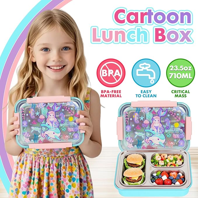 Stainless Steel Bento Lunch Box for Kids, 710ml/23.5oz BPA-Free Leak-Proof Food Containers with 3 Compartments, Back to School Students Daycare Lunches Snack Container Size for Ages 3-7