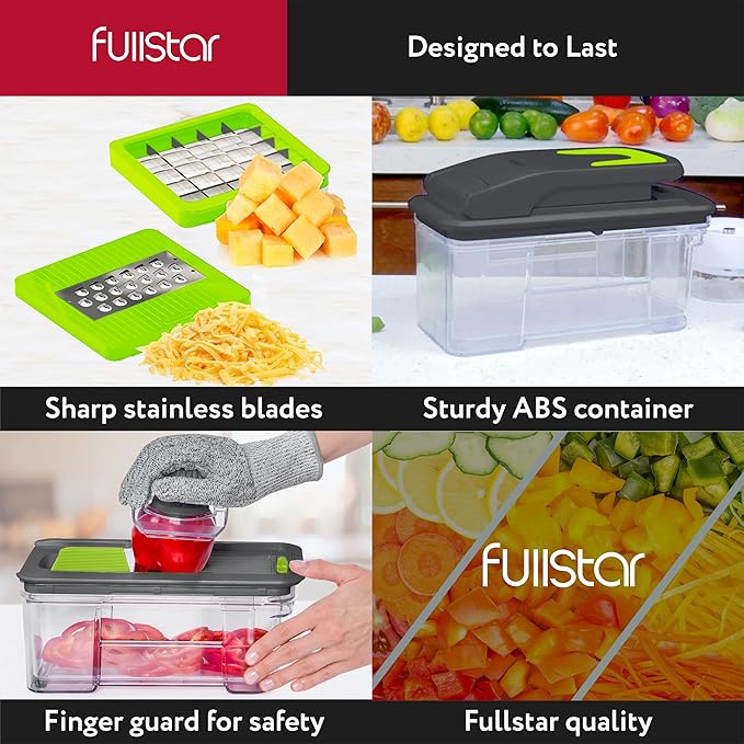 Fullstar All-in-1 Vegetable Chopper and Mandoline Slicer for Kitchen - Cheese Grater, French Fry Cutter, Cheese Slicer - Bonus Handheld Spiralizer Included (6 in 1, Gray/Green)