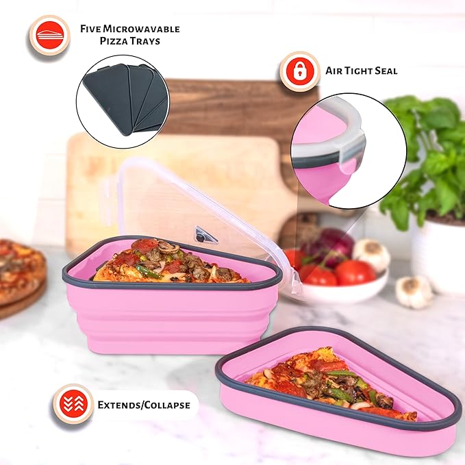 PIZZA PACK The Perfect Reusable Pizza Storage Container with 5 Microwavable Serving Trays - BPA-Free Adjustable Pizza Slice Container to Organize & Save Space, Pink 3 pk