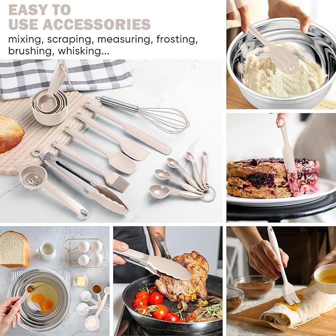 E-far 25PCS Mixing Bowls with Lid Set, Stainless Steel Nesting Prep Bowls with Grater Attachments Kitchen Gadgets Non-Slip Bottoms for Cooking, Serving, Food Storage, 4.6/2.6/2/1.5/1/0.7QT - Khaki
