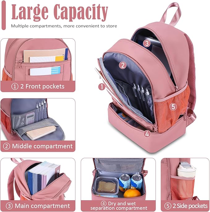 NOL Natural Organic Lifestyle Kids 2-in-1 Backpack & Insulated Lunch Bag-16"Multi-Functional Large Compartments Backpack for School & Travel, Double Deck, Water Resistant, Leak-proof, Padded-Dark Pink