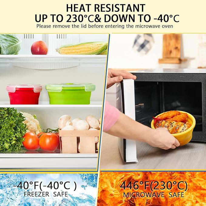 8 Pack Collapsible Food Storage Containers Silicone Lunch with Lids, 4 Pcs Rectangle Bowls and Round Bowls, Microwave Freezer Dishwasher Foldable