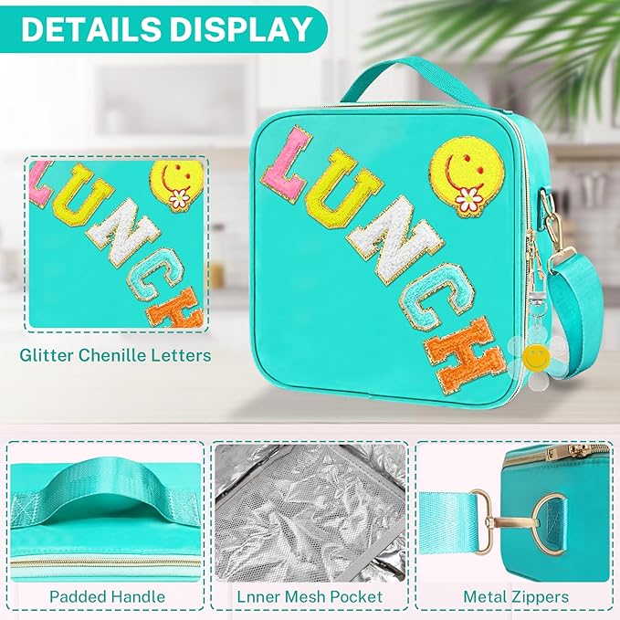 Insulated Girls Lunch Box, Preppy Lunch Box for Teen Girls, Cute Girls Lunch Bag for Kids, Large Reusable Cute Cooler Bag with Adjustable Shoulder Straps,Perfect for School Travel Picnic(Cyan)