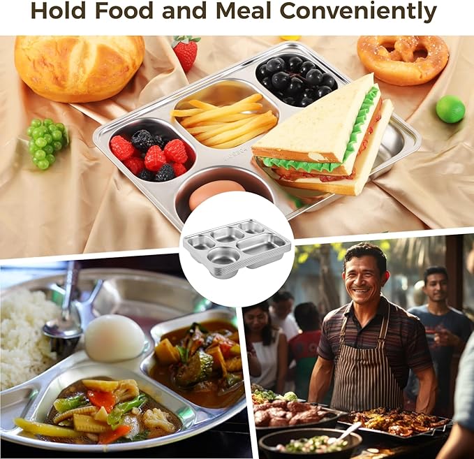 OMISTAR 8 Pcs Stainless Steel Divided Plates, Rectangular 5 Sections Portion Control Plates, Metal Food Tray for Lunch, Dinner, Campers, Picky Eaters, Unbreakable Lunch Container without Mixing Foods
