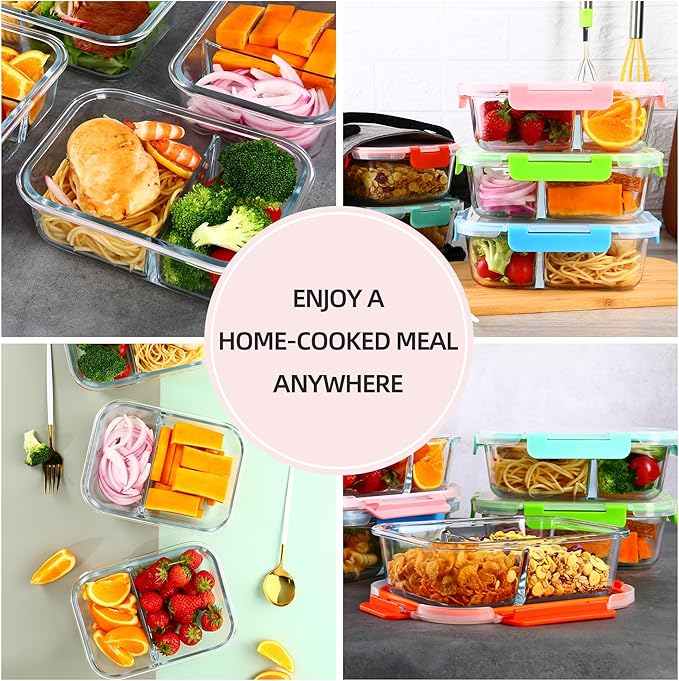 5-Pack,2 Compartment Glass Meal Prep Containers Set,34oz, Divided Food Storage Containers with Lids, Glass Lunch Box with 2 Dividers