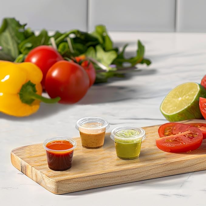 TashiBox 400 Sets - 1 oz Portion Cups with Lids, Disposable Plastic Cups for Sauce,Portion Control, Salad Dressing, & Medicine, Small Plastic Condiment Container