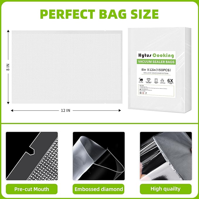 HytusCooking Vacuum Sealer Bags for Food,150 Pack Quart 8" x 12" Pre-Cut Vacuum Food Storage Bags, Commercial Grade for Sous Vide, Meal Prep and Long Lasting Food Storage Heavy Duty, BPA Free