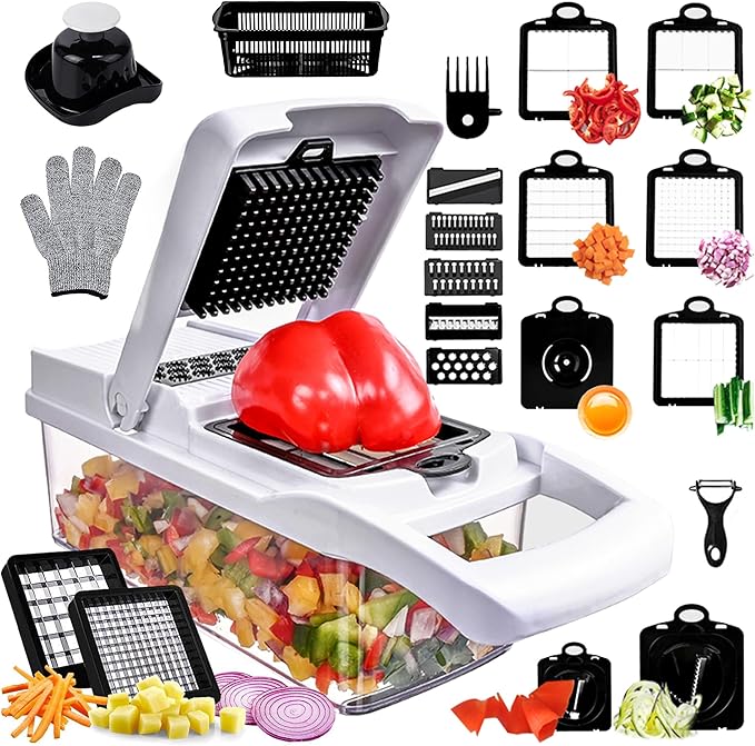 Vegetable Chopper,25 in 1 Multifunctional Food Chopper with Container,Kitchen Vegetable Slicer Dicer Cutter,Veggie Chopper Fruit Salad Potato,13 Blade Stainles Steel Blades(White)
