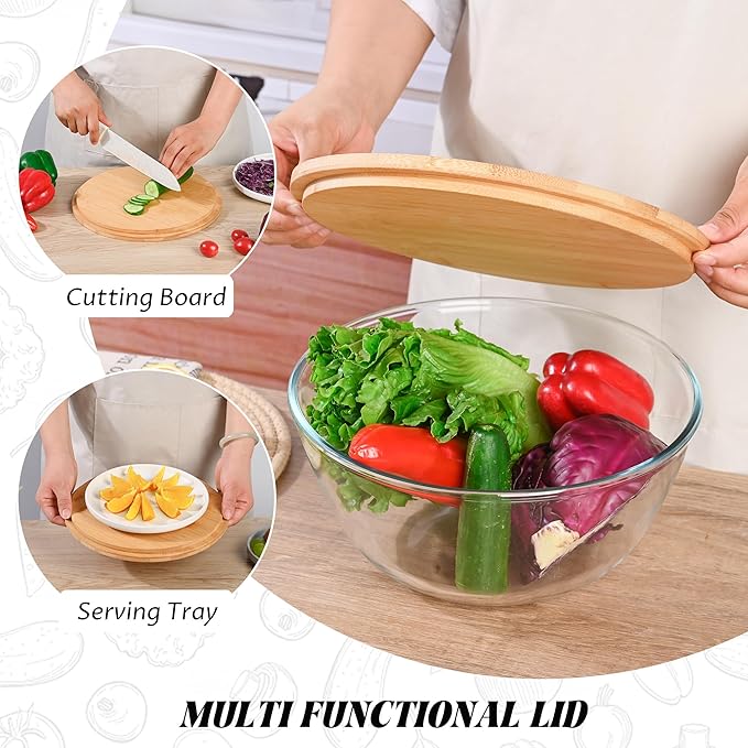 10.6" Glass Salad Bowl with Lid, 4.7 Quart Large Capacity Serving Bowls and Mixing Bowls with Utensils, Versatile Serving Dish for Salads,Fruits,Pasta,Popcorn,Trifle Bowl, Microwave Safe