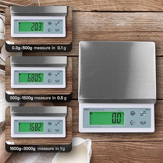 Polit Food Kitchen Scale Sun Lite, 6.6lb/3Kg Digital Scale Gram Ounce 1g/0.04oz to 0.1g/0.004oz Accuracy, Waterproof Stainless Steel with LCD Display, 5 Weight Unit (with Power Adaptor)