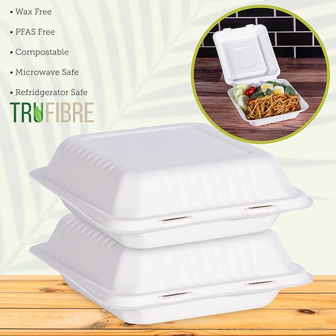 8 x 8 50 Pack White Clamshell Take Out Containers, 100% Biodegradable Compostable Bagasse, Disposable To Go Food Containers with Lids in Bulk