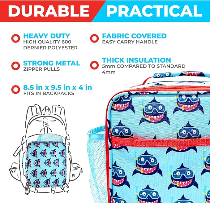 kinsho Bento Lunch Box Insulated Bag, Water Bottle & Ice Pack Set for Kids Toddlers, 4 Portion Sections, Removable Tray, PreSchool Kid Toddler Daycare Lunches, Snack Container, Blue Shark