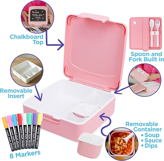 Chalkboard Kid Lunch Box for Girls & Boys - Leak-Proof Kids Lunchbox with Removable Compartment Tray, Lidded Container & Utensils - BPA-Free Lunch Box Containers for Kids for School, Daycare - Purple