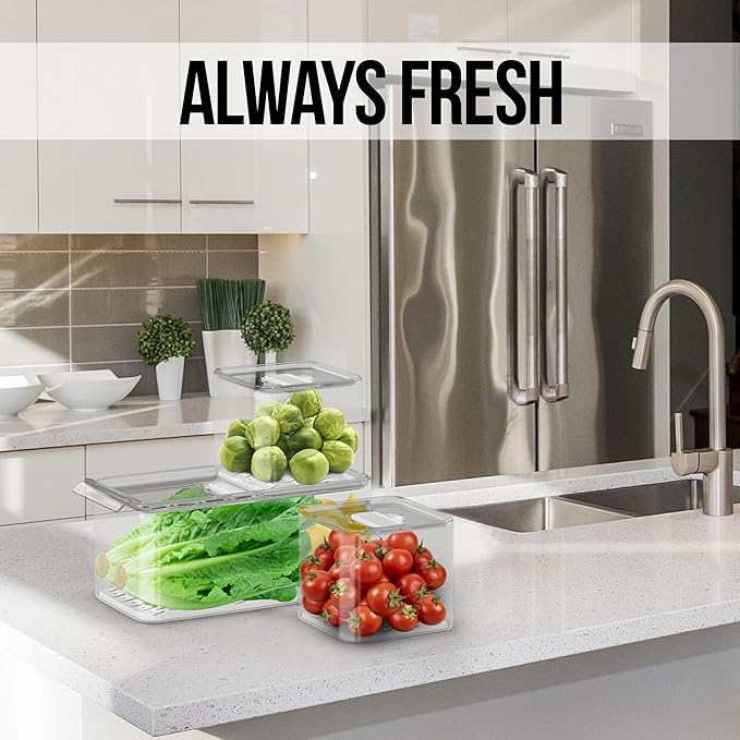 Produce Saver Containers for Refrigerator, Food Fruit Vegetables storage, 3 Pcs Stackable Freezer Fridge Organizer, Fresh Keeper Drawer Bin Basket with Vented Lids & Removable Drain Tray