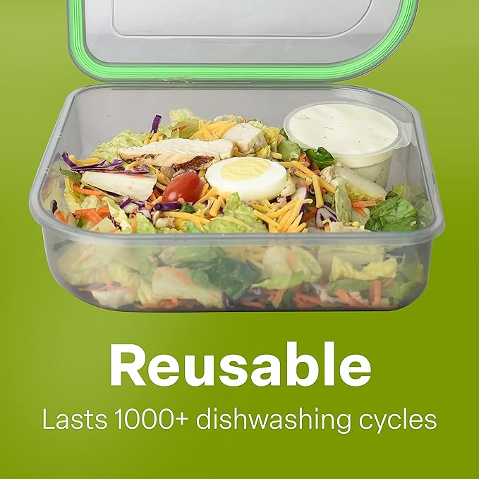 Large To-Go Single Compartment Container, 9"x 9" x 2-1/2", Reusable, Microwave Safe, NSF Certified, Smoke/Green
