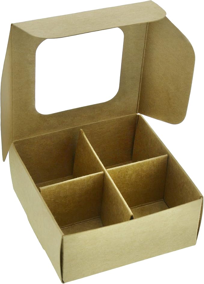 GRETEL BAKING Treat boxes with window and dividers | 4 X-SMALL compartments | 3.5 x 3.5 x 1.57 in | Empty candy boxes for gift giving, truffle box - perfect for Valentine's Day | 20-pack (Kraft)