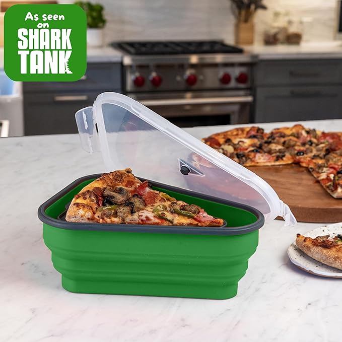 PIZZA PACK The Perfect Reusable Pizza Storage Container with 5 Microwavable Serving Trays - BPA-Free Adjustable Pizza Slice Container to Organize & Save Space, 4 Pack, Green