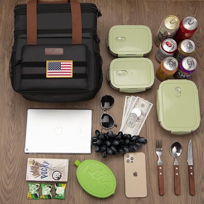 LOKASS Lunch Box for Men,16L Double Deck Expandable Insulated Lunch Bag for Women/Adults Thermal Large Waterproof Leakproof Lunchbox for Work with Shoulder Strap for Work, Camping, Picnic - Black