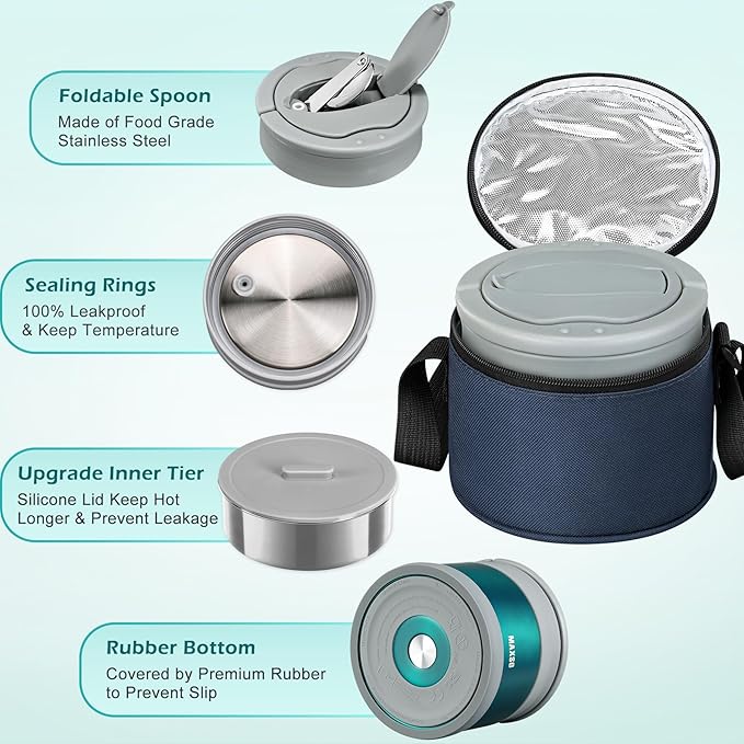MAXSO Food Jar for Hot Food - 24 OZ Soup Thermo for Adults Vacuum Insulated Lunch Containers with Foldable Spoon & Thermal Bag, Wide Mouth Leakproof Bento Box - Green