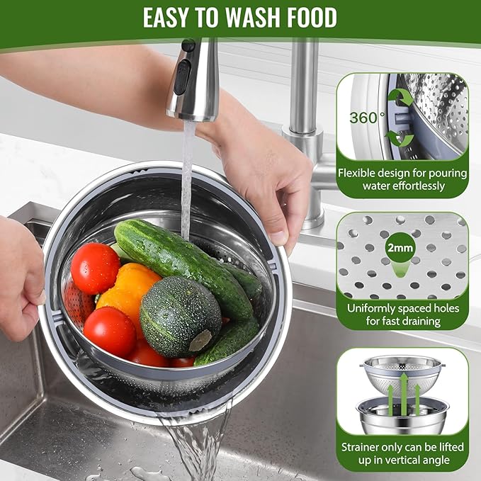 P&P CHEF 4-In-1 Stainless Steel Colander with Bowl Set, Rotatable Strainers for Kitchen, Fruit Cleaner, Washing Fruit & Draining Pasta, Mixing Bowl and Lid with Grater for Salad, Black