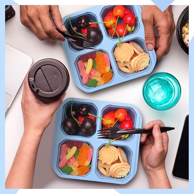 12 Pcs 4 Divided Compartments Snack Containers Bento Wheat Straw Snack Box with Lid Reusable Meal Prep Lunch Box Food Storage Containers for Adults Travel Work(Blue)