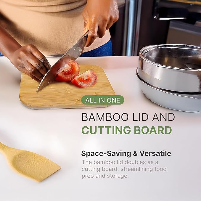 3 Pcs Glass Food Storage Containers with Bamboo Cutting Board and Airtight Lid, Ideal for Preparing and Storing Meals, Food, Fruits, Salad and more Ingredients (22oz, 35oz and 51oz)