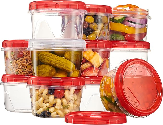 PLASTICPRO 12 Pack Twist Cap Food Storage Containers with Red Screw on Lid- 16 oz Reusable Meal Prep Containers - Freezer and Microwave Safe Red Plastic Food Storage