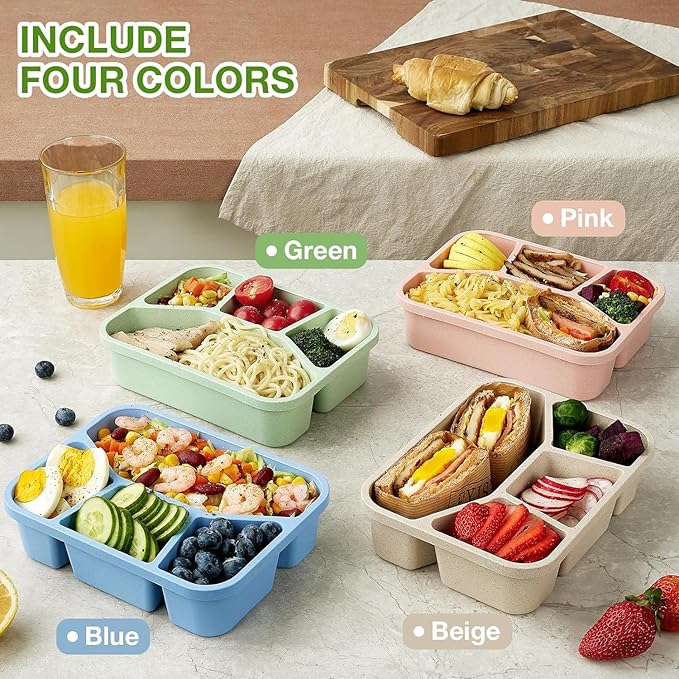 4 Pack Bento Lunch Box, 4 Compartment Wheat Straw Meal Prep Containers for Kids/Toddle/Adults, BPA Free Reusable Food Snack Storage Containers, Durable Bento Box for School, Work and Travel