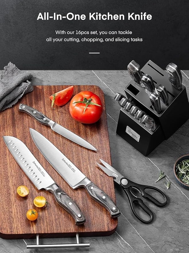 Knife Set with Block, 16 Pcs Stainless Steel Kitchen Knife Set with Sharpener & Wooden Block, Knife Block Set with Wood Handle, Chef, Santoku, Bread, Utility, Paring & Carving Fork Knife (Black)