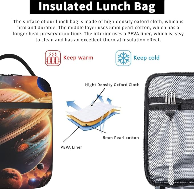 Insulated Lunch Box for Girls Boys Women Adults Kids Galaxy Lunch Box for Work,Picnic,School,Travel,Hiking, Beach or Fishing Polyester Galaxy Lunch Bag Planet