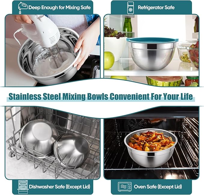 P&P CHEF Mixing Bowl with Lid Set of 5, 10-Piece Stainless Steel Nesting Salad Bowl Set for Prepping, Mixing and Serving, Size 4.6, 3, 1.5, 1, 0.7 QT, Rimmed Edges & Flat Base, Blue