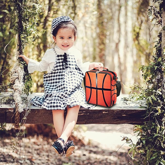 Bardic Basketball Lunch Box for Kids, Texture Ball Sport Insulated Lunch Bag for Boys Girls, Reusable Waterproof Lunch Box with Adjustable Shoulder Strap Cooler Tote Bag for School, Work, Picnic…