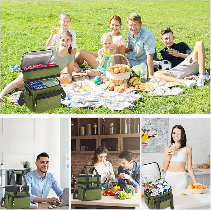 Insulated Lunch Bag & Lunch Box for Men - Double Deck Reusable Lunch Bag for Women Tote Cooler Bag Leakproof Soft Expandable - Large Lunchbox for Work/Adult/Picnic/Outdoor (Green,15L)