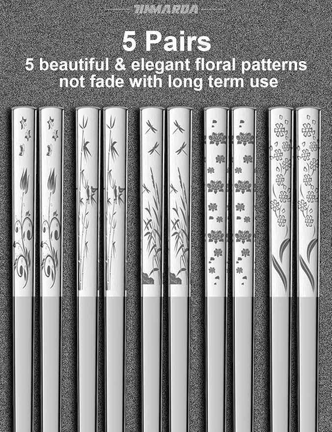 Metal Chopsticks Reusable 5 Pairs 18/8 Stainless Steel Chopstick Beautiful Engraving Patterns Dishwasher Safe Non-Slip Japanese Korean Chop Sticks Present Set