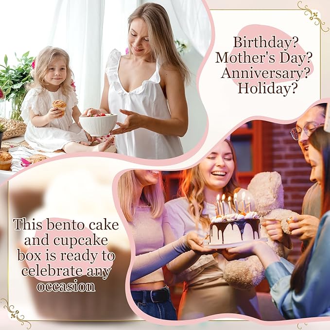 2 Pack Bento Cake and Cupcake Box Fit 2 Cupcakes and 1 Mini Cake for Mother's Day Easter Wedding Birthday Party Bakery Baking Supplies (Pink)