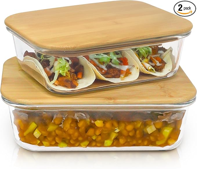 2 Pcs Glass Food Storage Containers with Bamboo Cutting Board and Airtight Lid, Ideal for Preparing and Storing Meals, Food, Fruits, Salad and more Ingredients (35oz and 51oz)