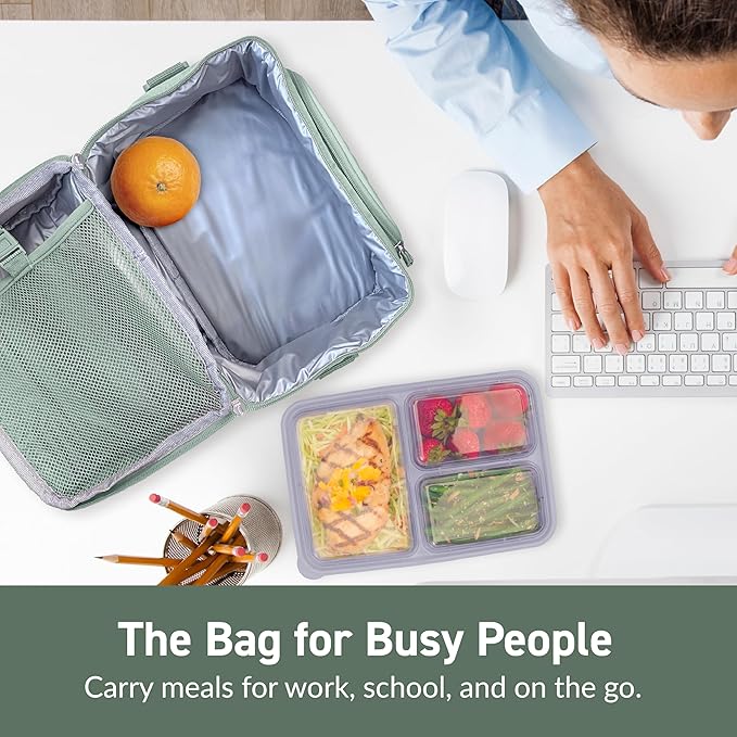 Bentgo Deluxe Lunch Bag - Durable and Insulated Lunch Tote with Zippered Outer Pocket, Internal Mesh Pocket, Padded & Adjustable Straps, & 2-Way Zippers - Fits Most Lunch Boxes (Khaki Green)