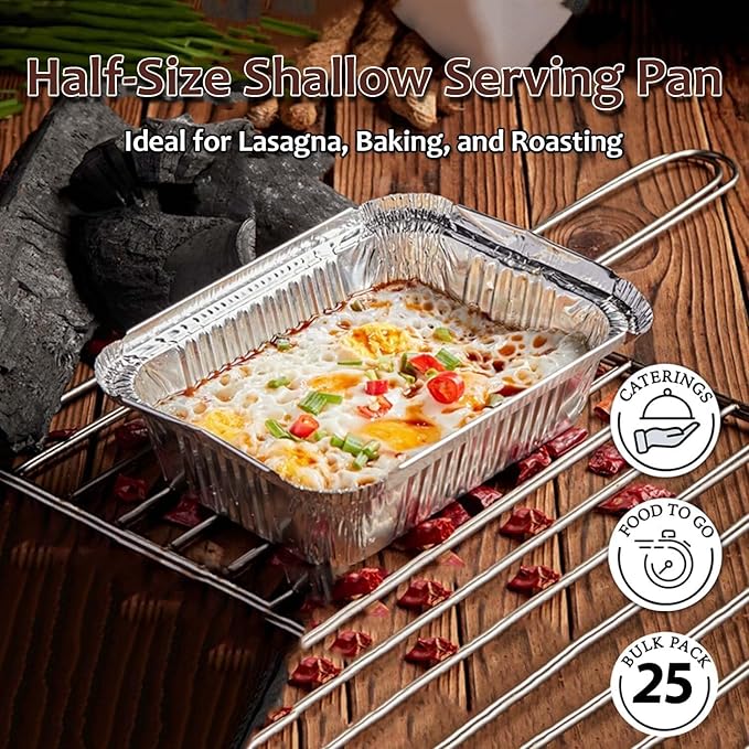 INFINITY EL 12.5" X 10" X 1.5" Heavy-Duty Eco-Friendly Aluminum Lasagna Pans (Half-Shallow/25 Pack) - Disposable Aluminum Serving Tray - Catering Pans, Baking, Roasting & Meal Prep - Foil Pan