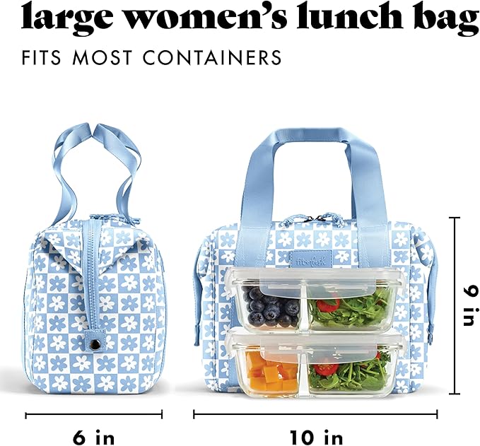 Fit & Fresh Neoprene Like Lunch Bag For Women, Insulated Womens Lunch Bag For Work, Tear & Stain Resistant Large Lunch Box With Containers and Ice, Machine Washable Remi Lunch Bag, Blue Daisy