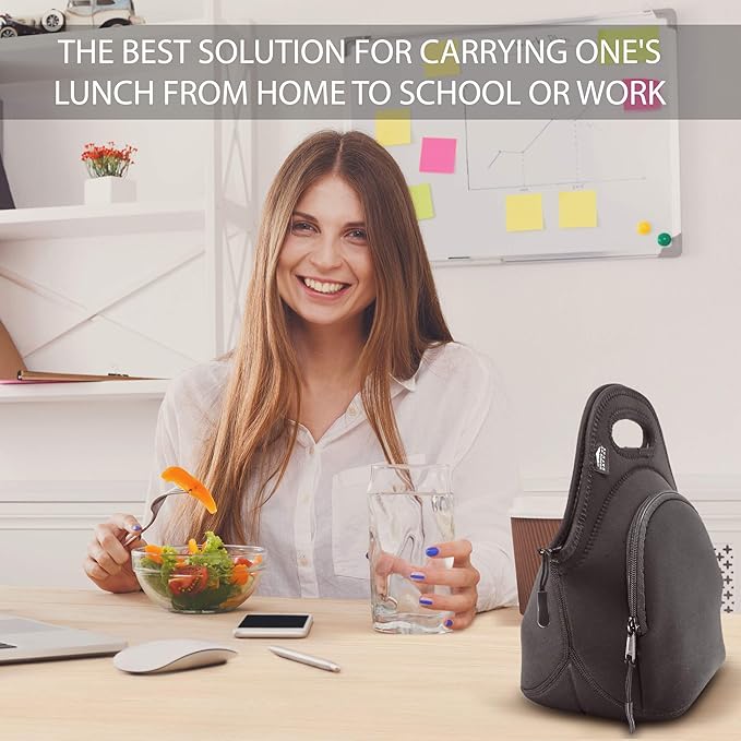Nordic By Nature Large Neoprene Lunch Bag for Women & Lunch tote for Kids Insulated Lunch bag Reusable Washable Extra Thick Neoprene & Soft Cotton Feel, Premium Stitching, Outside Pocket, (L) Black