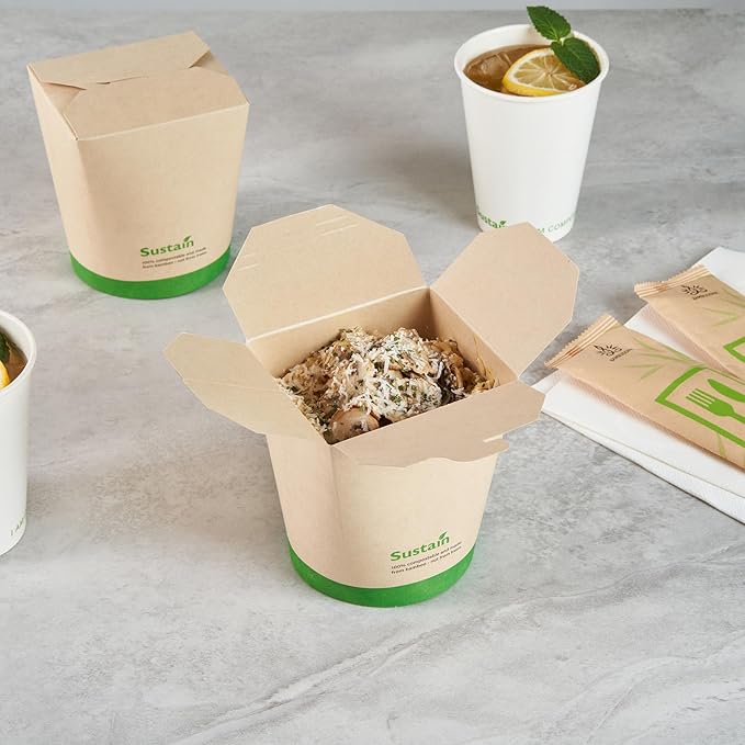 Restaurantware Sustain 32 Ounce Sturdy Paper Take Out Boxes, 50 Disposable Take Out Food Containers - With PLA lining, Compostable, Bamboo Paper Containers, Built-In Tab-Lock Cover, Greaseproof