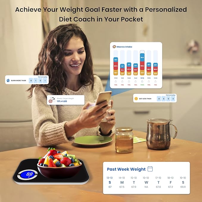 Smart Kitchen Scale- Digital Weight Grams and Oz Food Scale with Nutritional Calculator for Weight Loss, Accurately Track Calories & Macros with Bluetooth Fitness App (Black).