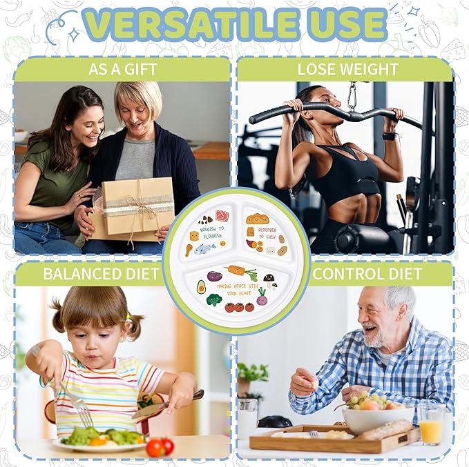 10 Inch Portion Control Bariatric Plate - Divided Melamine Plate with Cute Healthy Eating Icons and Motivational Message for Balanced Meals (2 Pack)