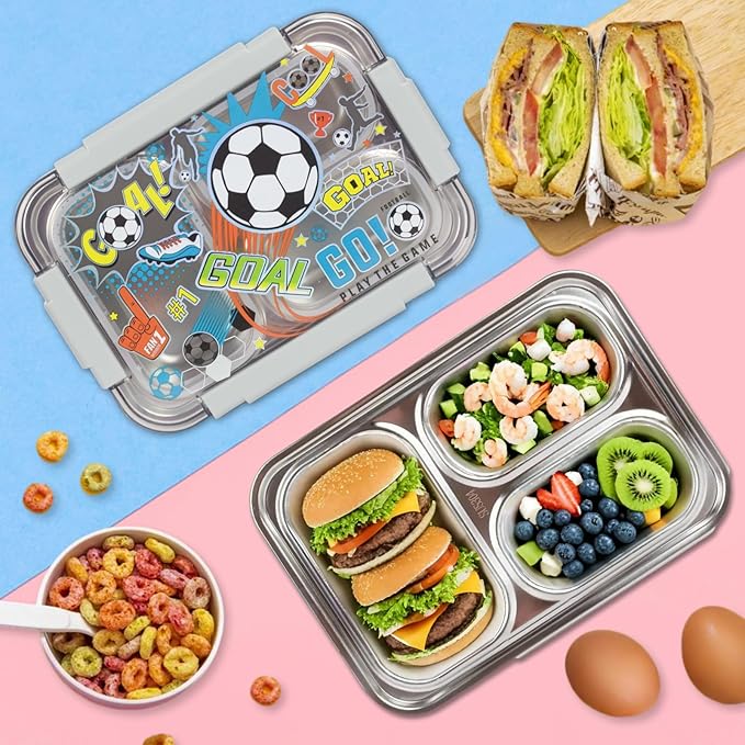 Stainless Steel Bento Lunch Box for Kids, 710 ml/23.5 oz BPA-Free Leak-Proof Food Containers with 3 Compartments, Back to School Students Daycare Lunches Snack Container Size for Ages 3-7