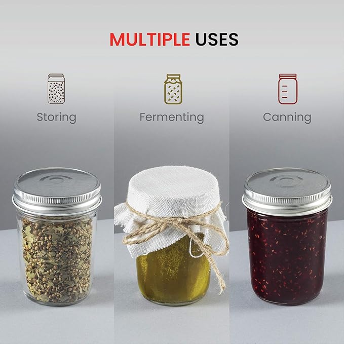 Paksh Novelty Glass Regular Mouth Mason Jars, 8 Oz Jars with Silver Metal Airtight Lids for Meal Prep, Dry Food Storage, Canning, Drinking, for Overnight Oats, Jelly, Spices, Salads, Yogurt (6 Pack)